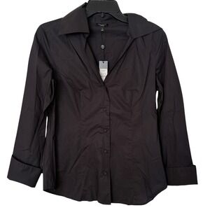Talbots NEW Womens 4 Button Down Shirt Black Rhinestone French Cuff Cotton Chic